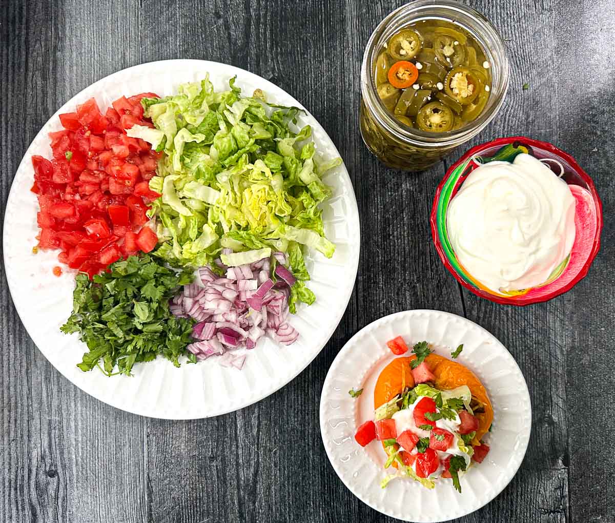 aerial view of taco pepper toppings