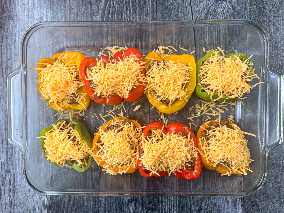 baking dish with bell peppers ready to bake