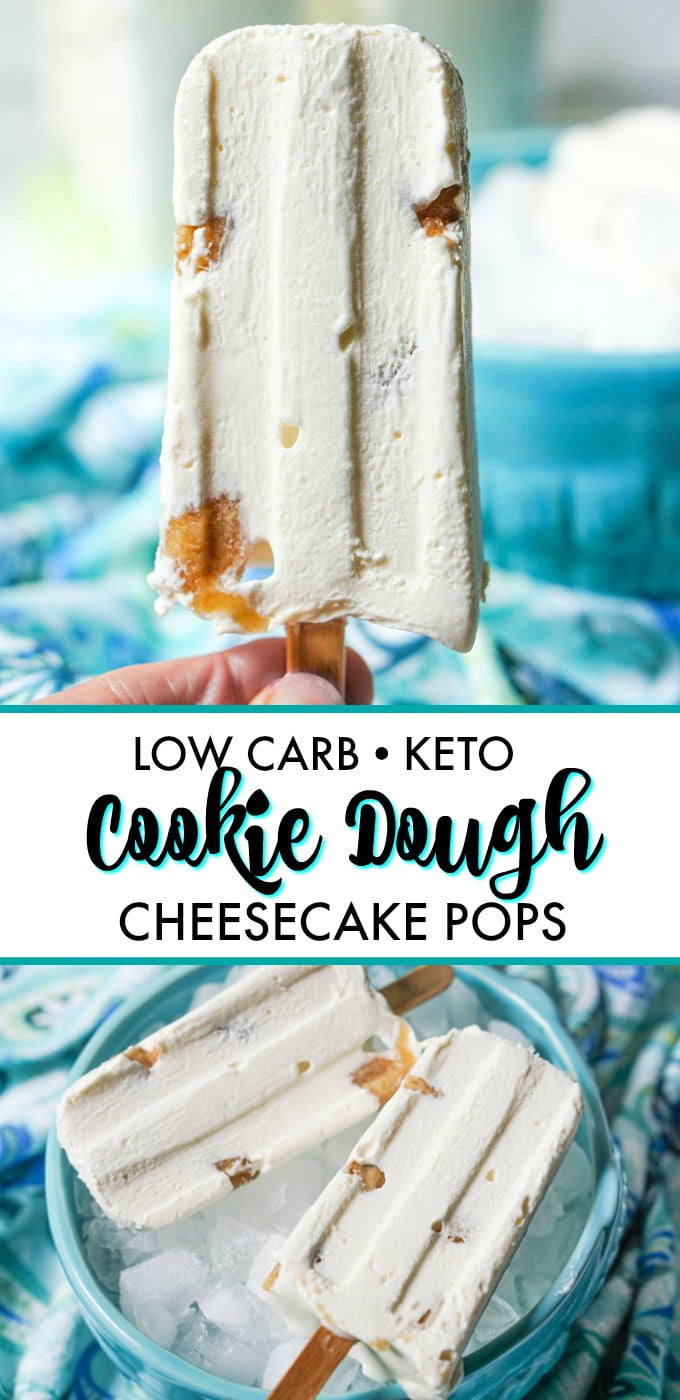 fingers holding a cookie dough cheesecake keto pops with text overlay
