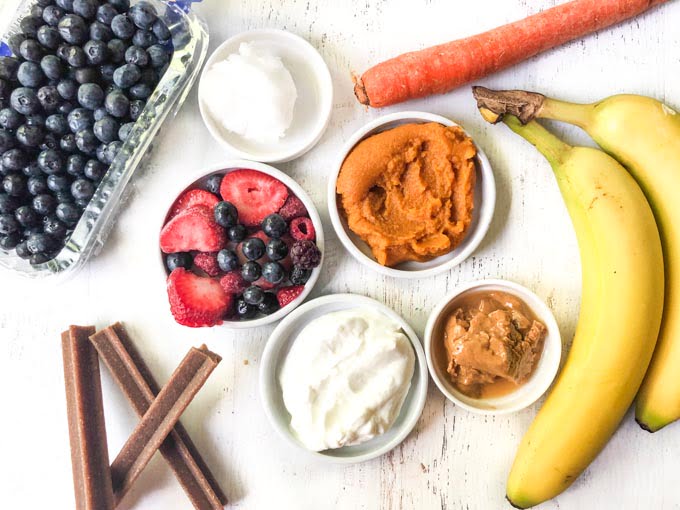 fresh ingredients for dog pops, berries, pumpkin, coconut oil, yogurt, banana, peanut butter and yogurt