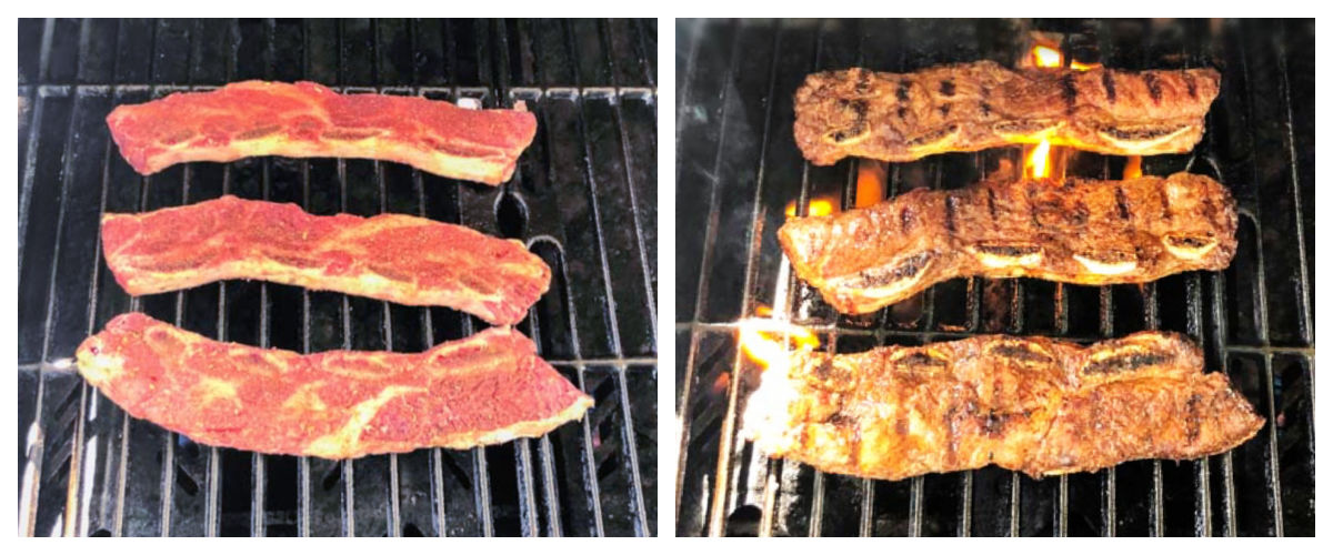 Collage of 2 pictures showing how to grill flanken beef ribs.