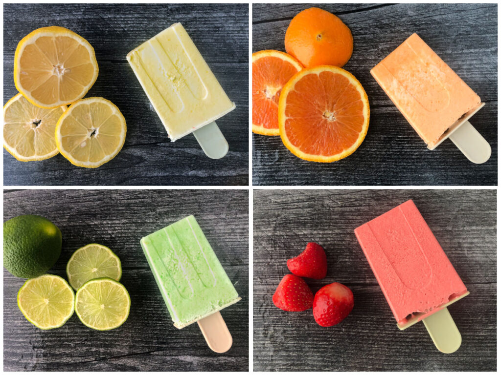 collage of pictures showing orange, lemon, lime and strawberry popsicles