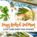 a serving of easy baked salmon with lemon slices and asparagus and text overlay