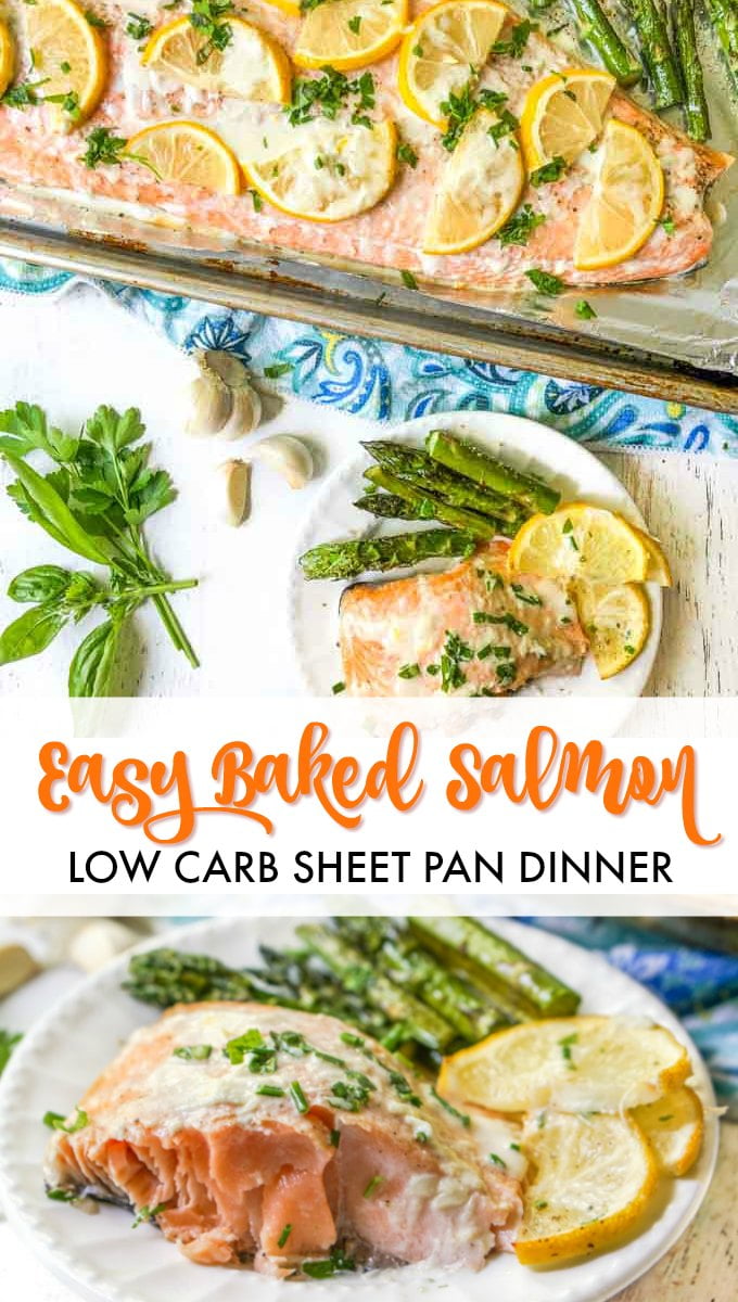 a serving of easy baked salmon with lemon slices and asparagus and text overlay
