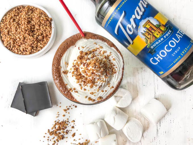 s'mores coffee drink, Torani chocolate syrup, crushed nuts, marshmallows and chocolate