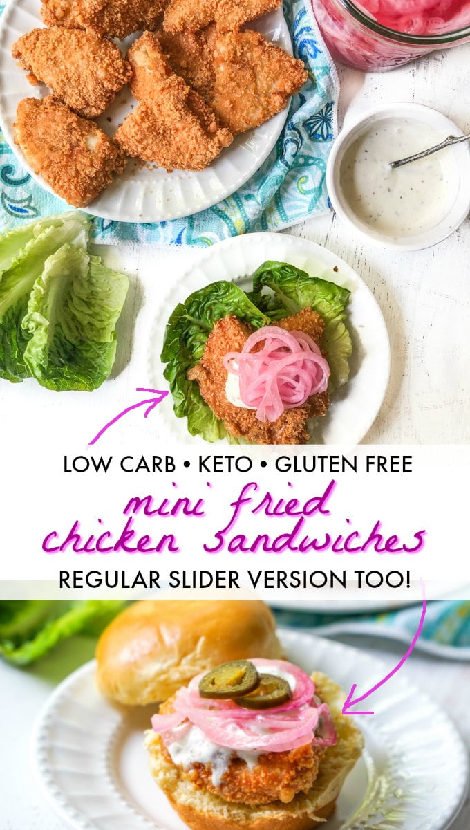 mini keto fried chicken slider on lettuce wrap  or on a bun with text overlay