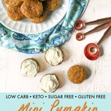 mini keto pumpkin muffins with cream cheese frosting on white plate with test overlay