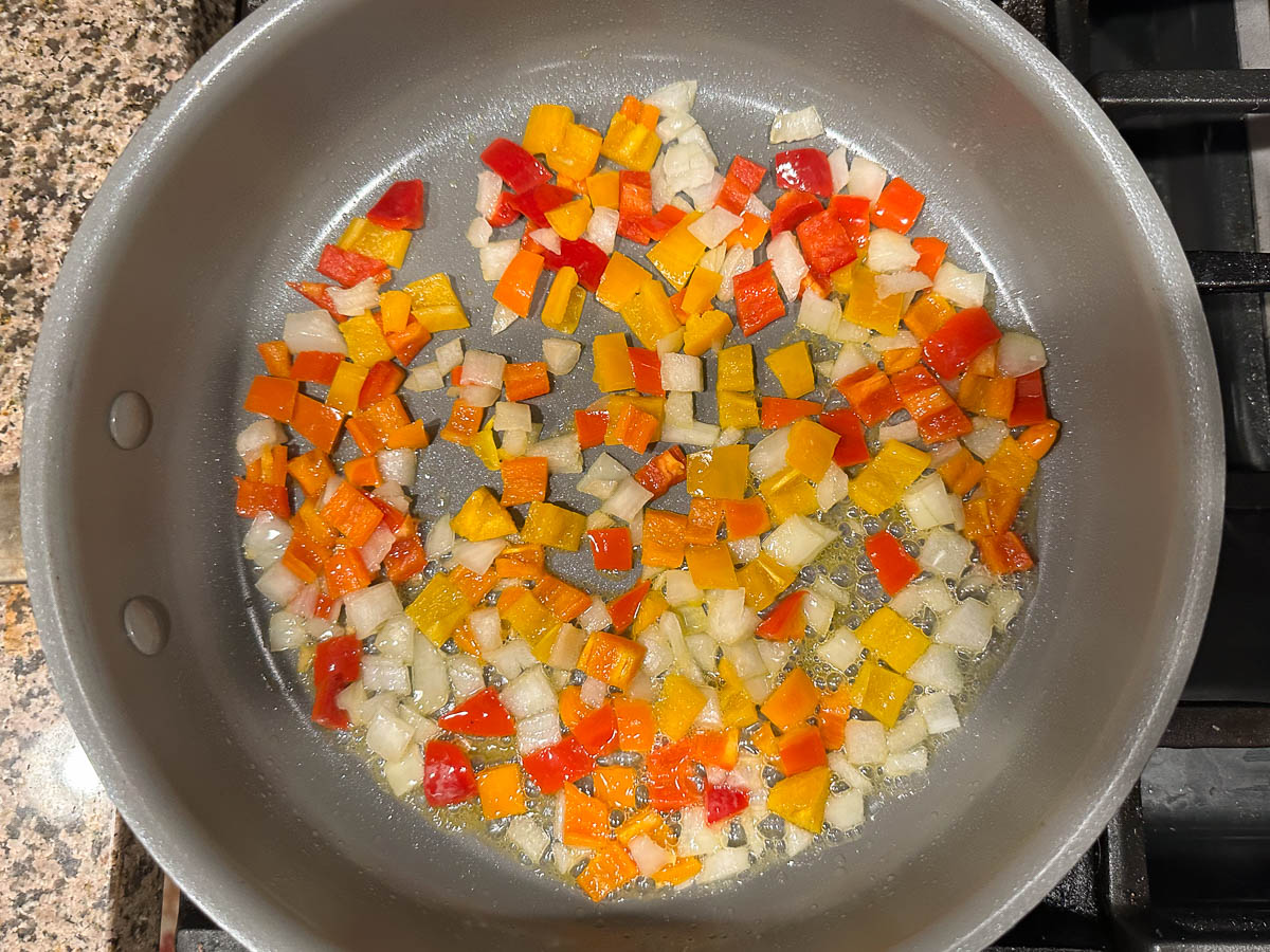 pan with sautéed onions and peppers