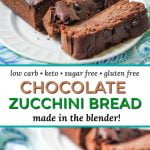 plate with loaf of chocolate keto zucchini bread on blue towel with text overlay