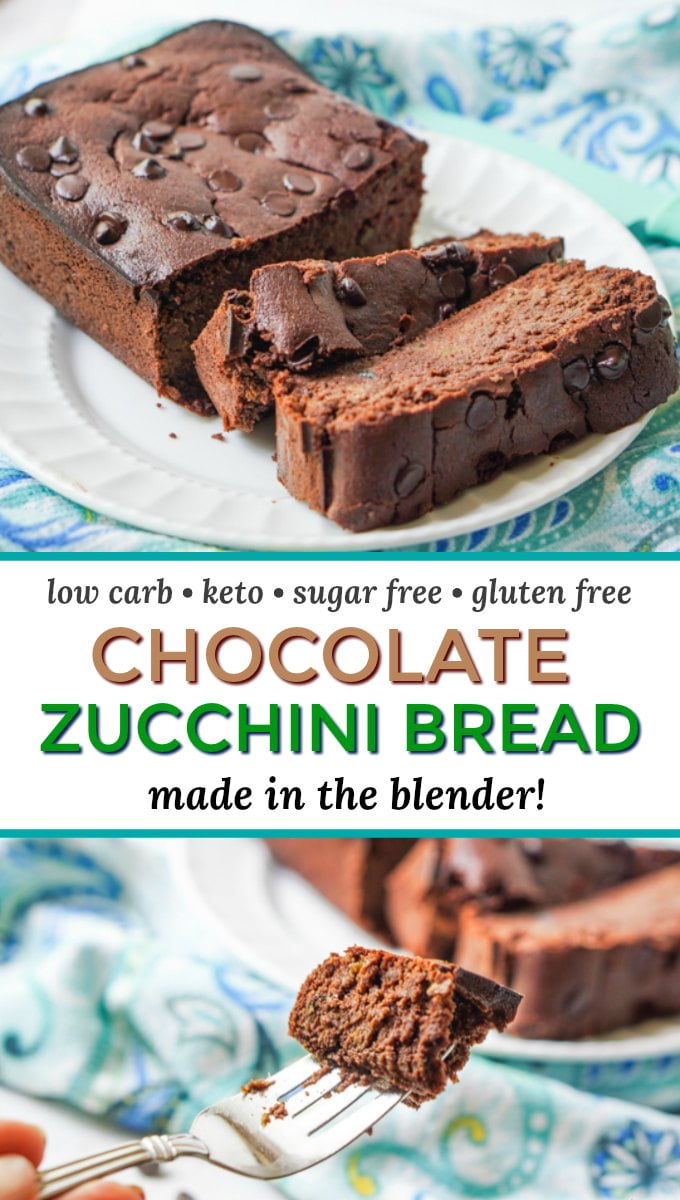 plate with loaf of chocolate keto zucchini bread on blue towel with text overlay