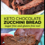 Aqua plate with a loaf of keto chocolate zucchini bread with chocolate chips and text overlay.