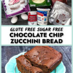 Ingredients and aqua plate with a loaf of keto chocolate zucchini bread with chocolate chips and text overlay.