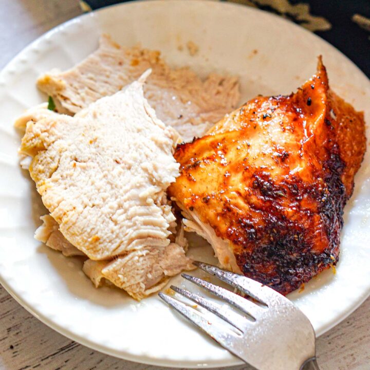 A white plate with serving of carved air fryer turkey breast.