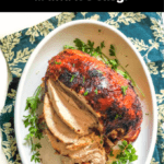 white platter with roasted turkey breast and text overlay