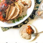 white plate and white platter with roasted turkey breast and text overlay