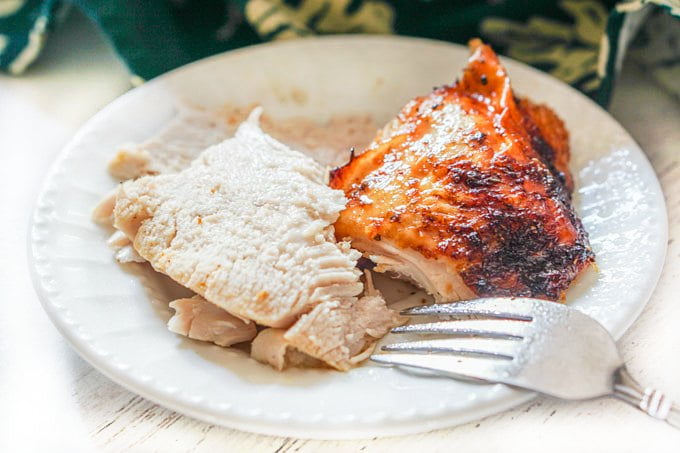 white plate with 2 slices of turkey breast - one with crispy skin
