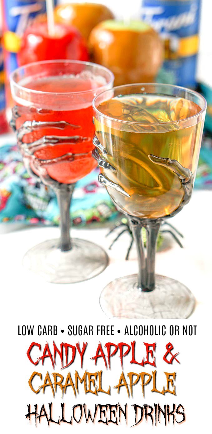 low carb candy and caramel apple drinks in Halloween glasses with turquoise scarf and apples in background and text overlay