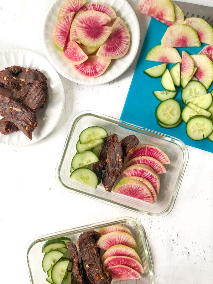 keto snack boxes with jerky, cucumber and radish slices