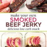 pieces of low carb smoked beef jerky with snack boxes and text overlay