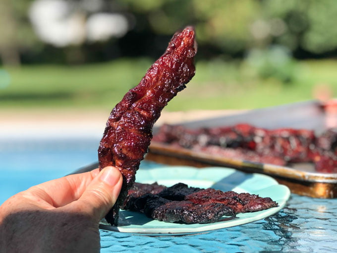 fingers holding a piece of jerky outside with a blue plate and tray with jerky on it in background