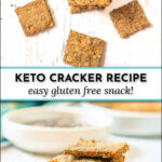 stack of keto round crackers with tray in background and text
