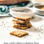stack of low carb crackers with tray in background and with text overlay