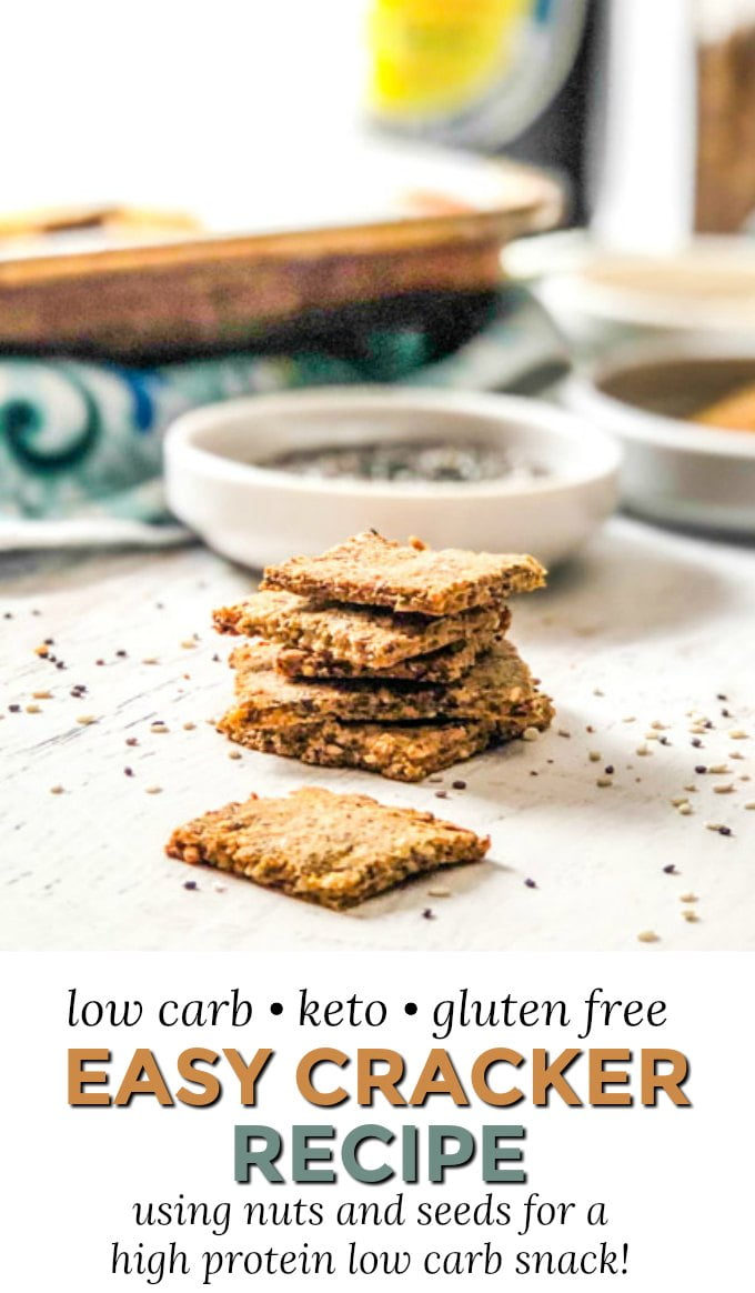 stack of low carb crackers with tray in background  and with text overlay