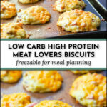 baking sheet with meat lovers breakfast cookies with text