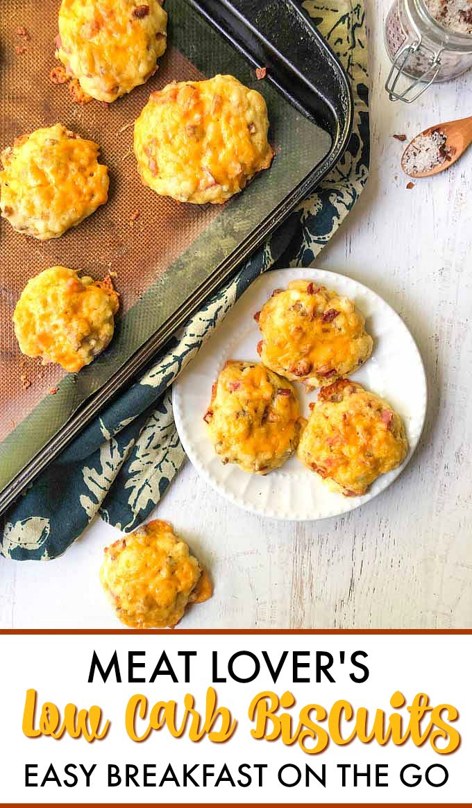 low carb biscuits on cookie trays with text overlay