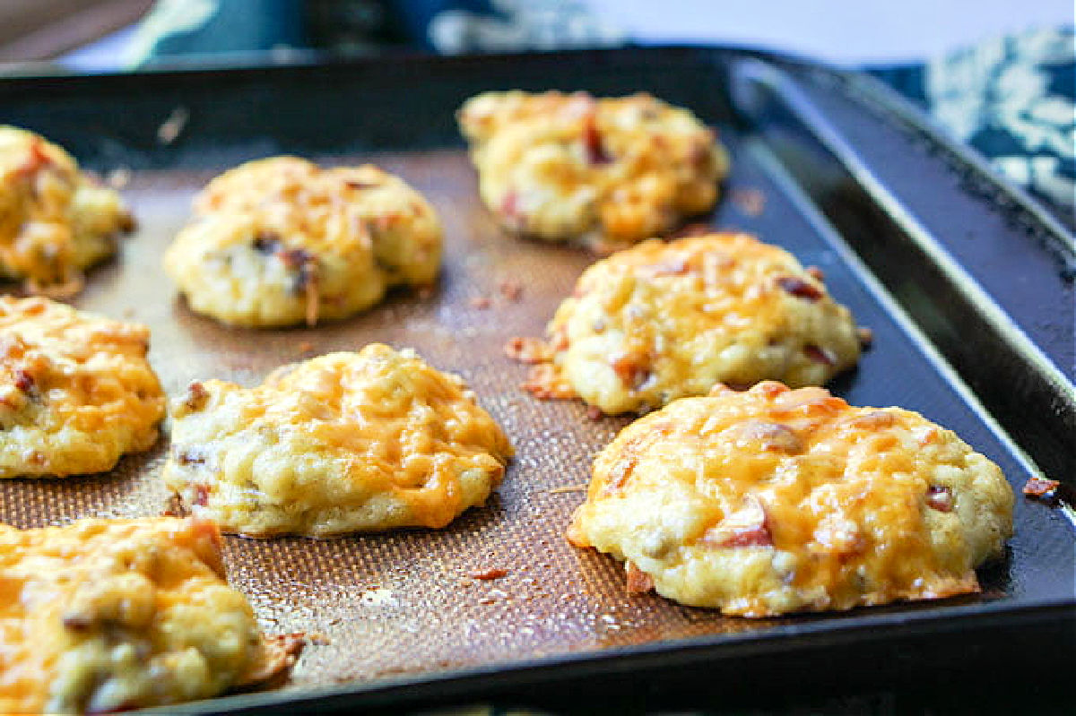baking sheet with high protein biscuits with cheese