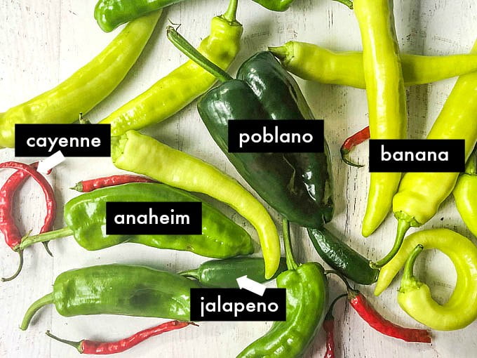 photo of garden peppers - poblano, jalapeno, banana and cayenne peppers with labels