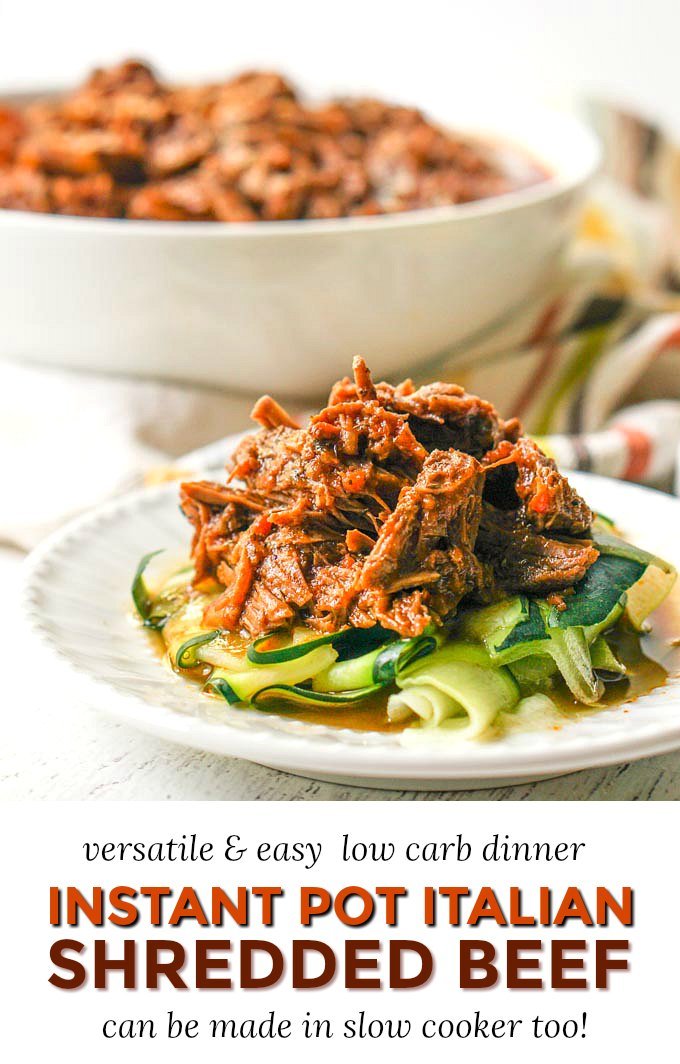white plate with zucchini noodles topped with shredded beef and text overlay