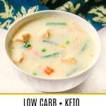 white bowl with low carb creamy turkey soup and text overlay