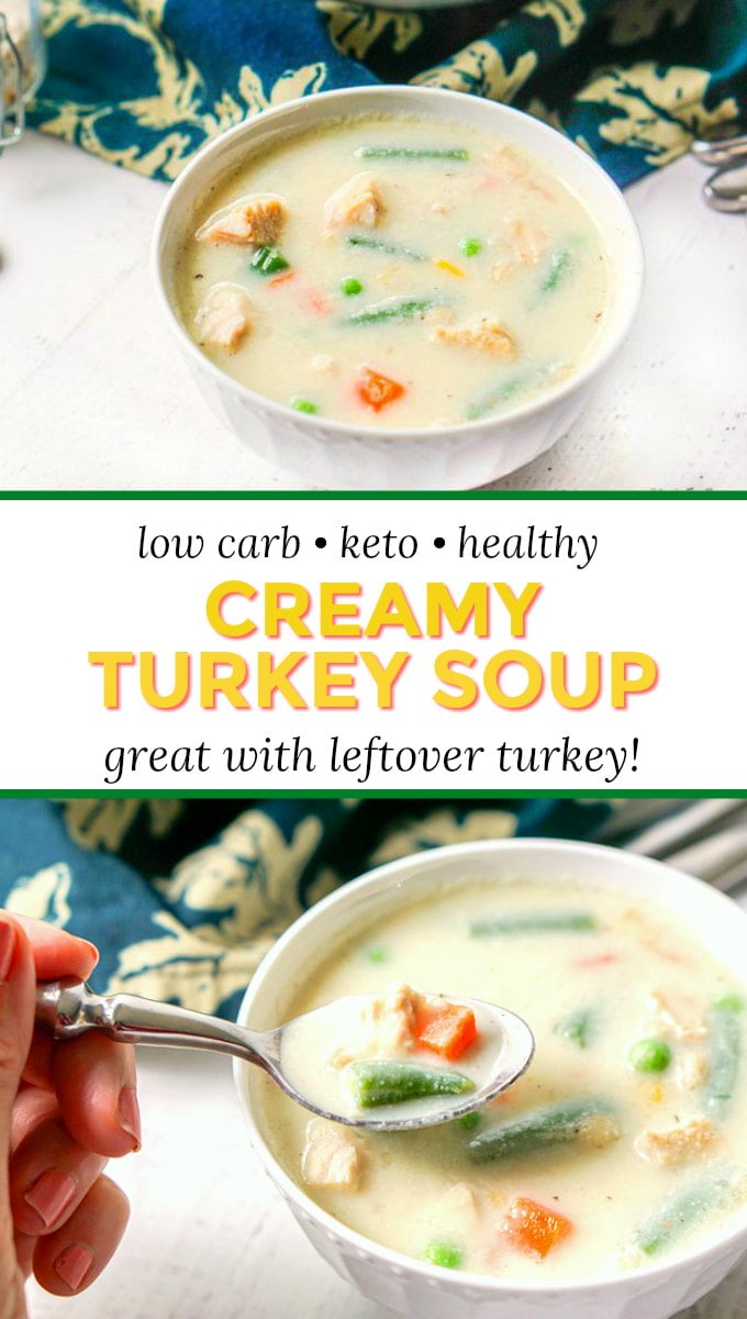 white bowl with low carb creamy turkey soup and text overlay
