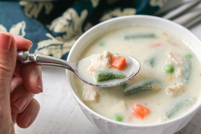 a hand holding a spoonful of creamy turkey soup from white bowl