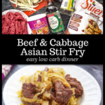 Ingredients and white plate with a serving of keto beef and cabbage stir fry dish and text.