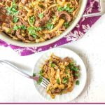 pan and plate of low carb beef & cabbage noodles with text overlay
