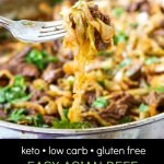 pan of low carb beef & cabbage noodles with text overlay