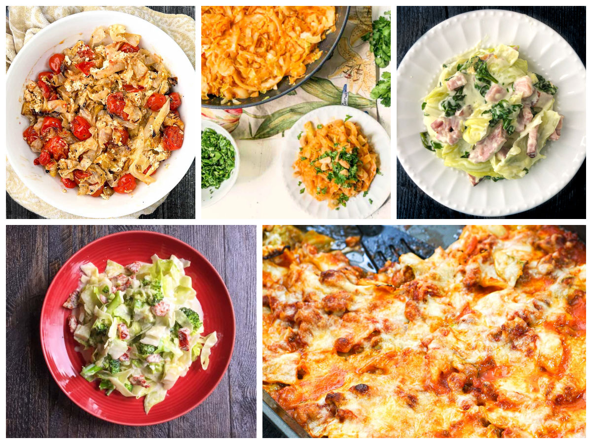 Collage of low carb cabbage noodle recipes.