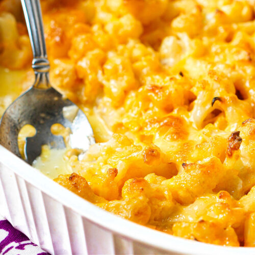 closeup of baking dish with keto cauliflower Mac and cheese