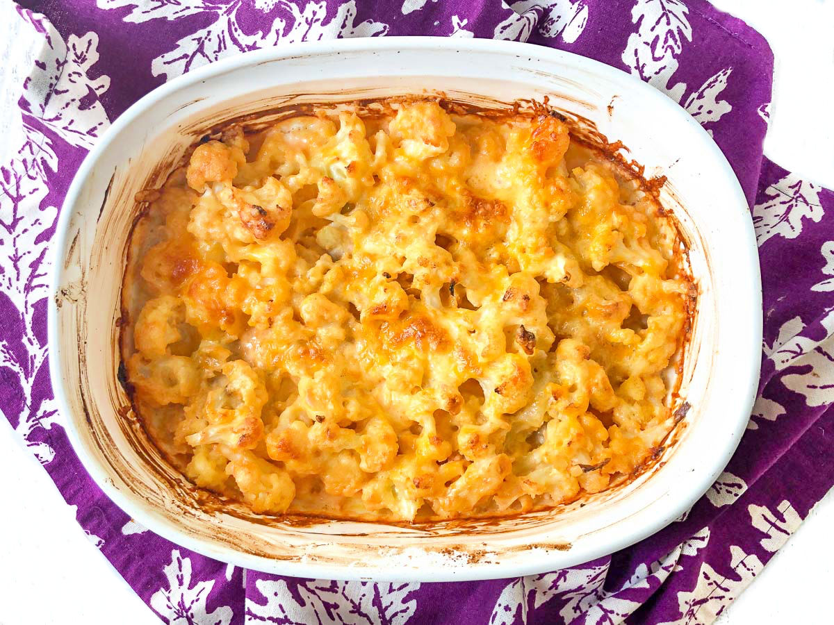 baking dish with finished cheesy cauliflower Mac and cheese