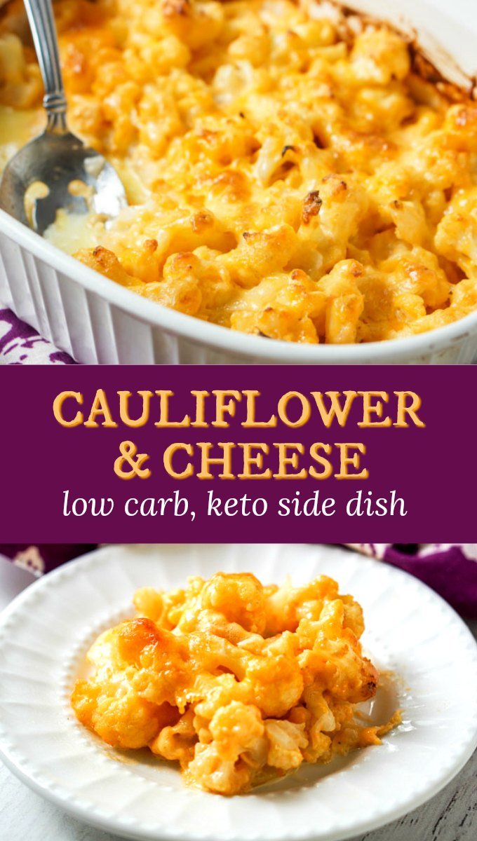 baked low carb cauliflower and cheese on white place and baking dish with text overlay