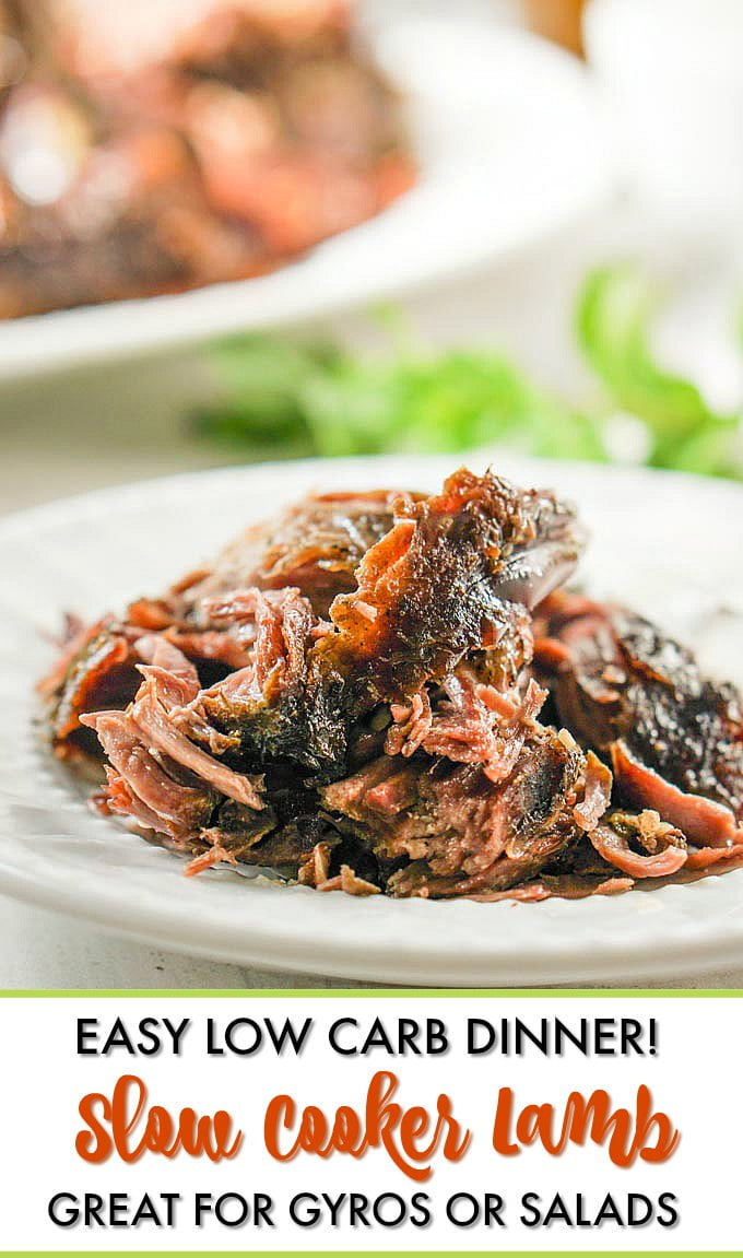 white plate with slow cooker lamb roast and fresh herbs and text overlay