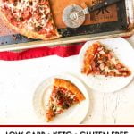 meat lovers low carb pizza slices on white plateswith text overlay