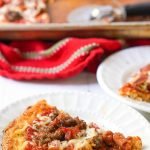 meat lovers low carb pizza slices on white plate with text overlay