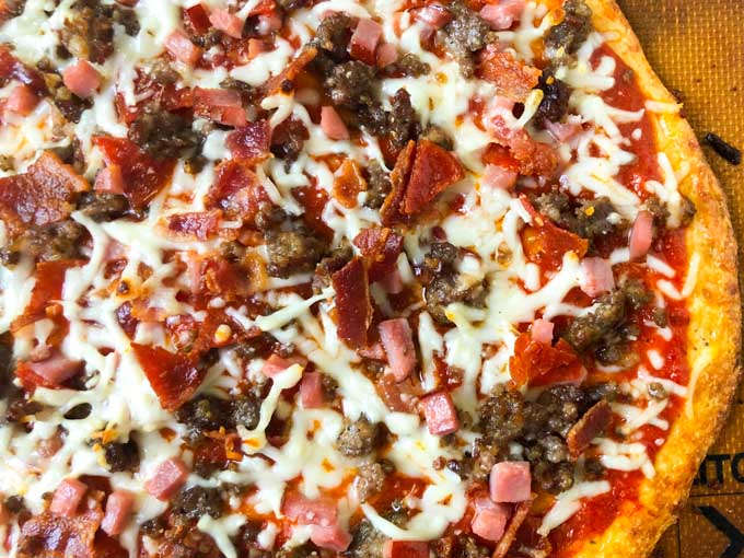 closeup of meat lover's low carb pizza