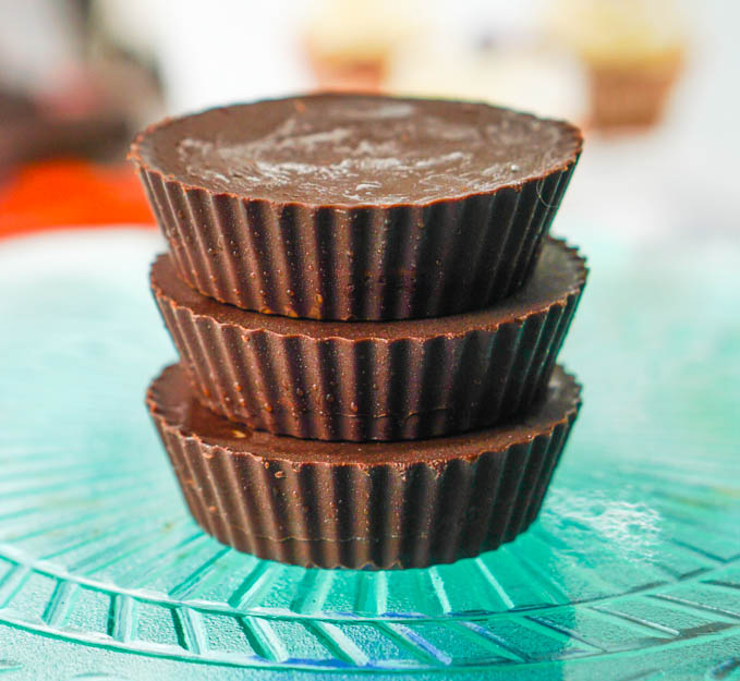 closeup of keto peanut butter cups in a stack