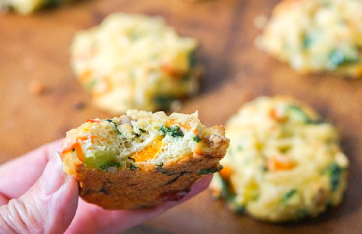 A hand holding a biscuit with a bite taken out.