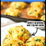 White plate with 2 low carb veggie biscuits and text overlay.
