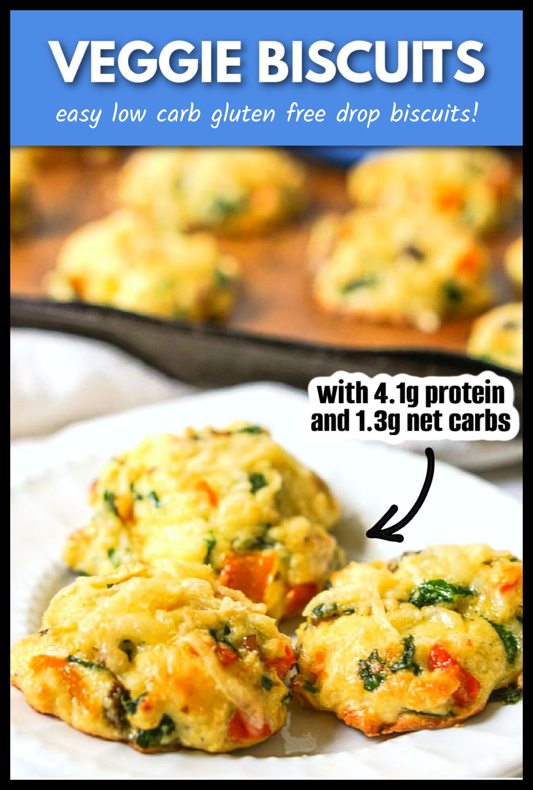 White plate with 2 low carb veggie biscuits and text overlay.